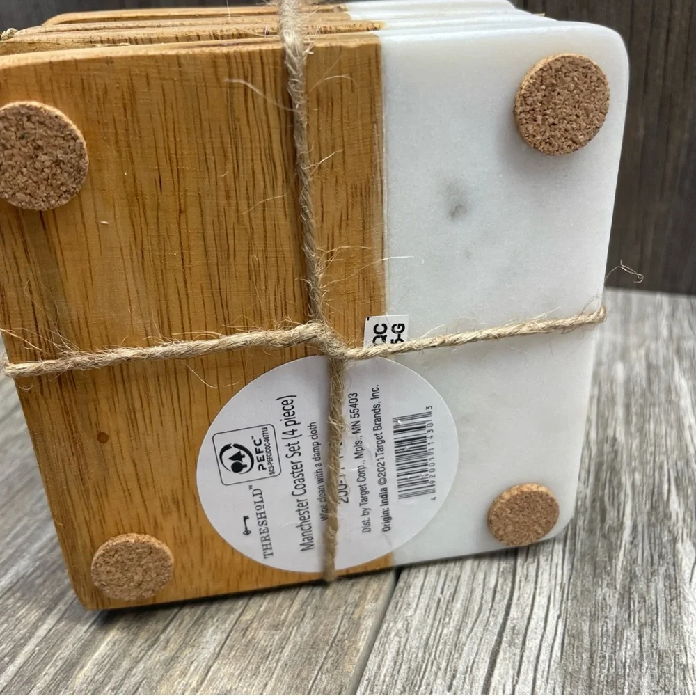 Threshold Quality & Design Set of 4 Manchester Marble & Wood Coasters NEW